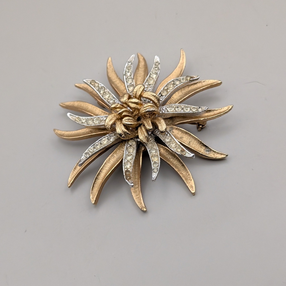 Vintage Coro Signed Floral Brooch Large Chrysanthemum Flower Rhinestone